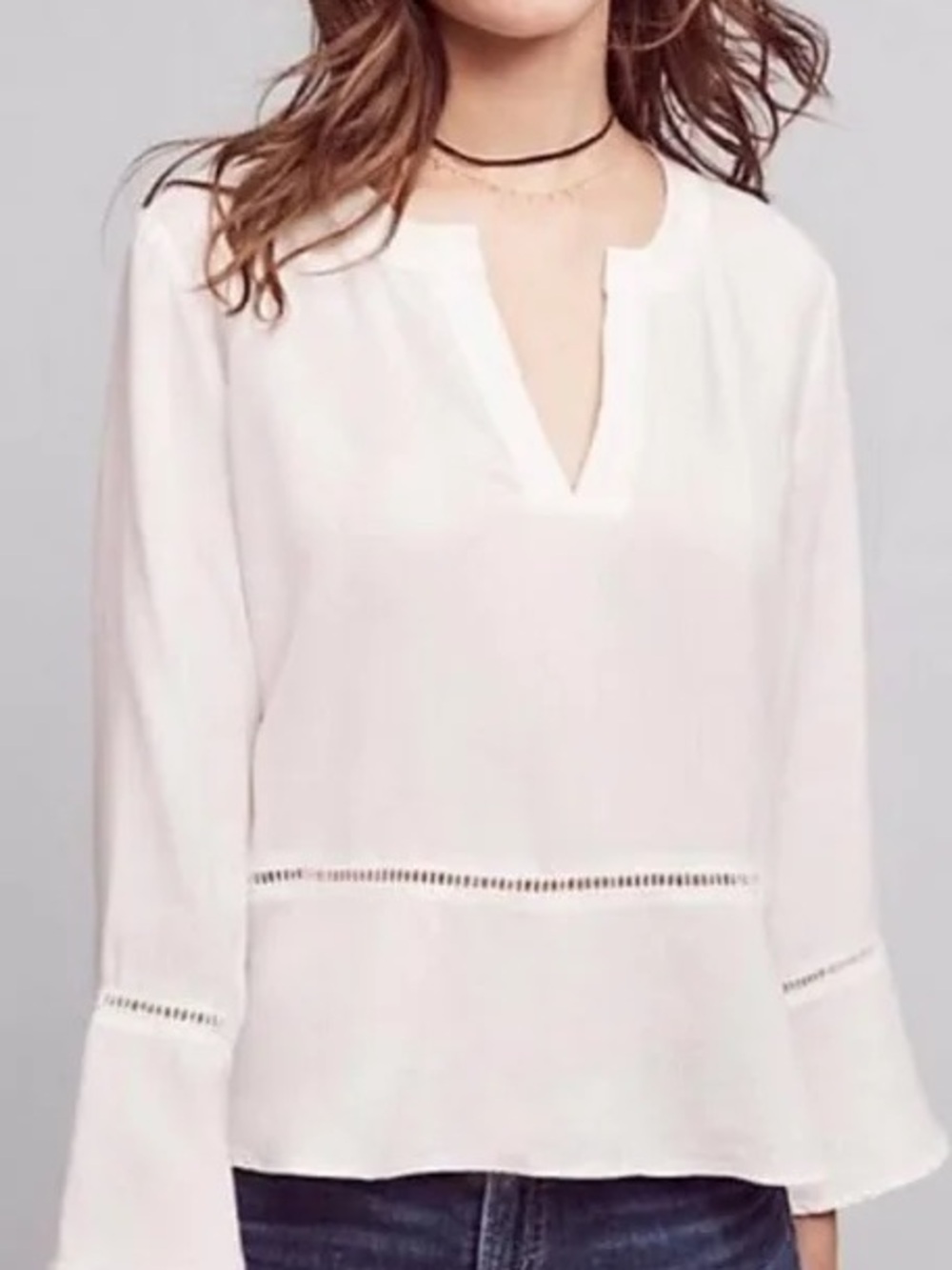 cloth & stone White V-Neck Long, Bell Sleeve Peasant Top| Sz S| Prairie,Boho